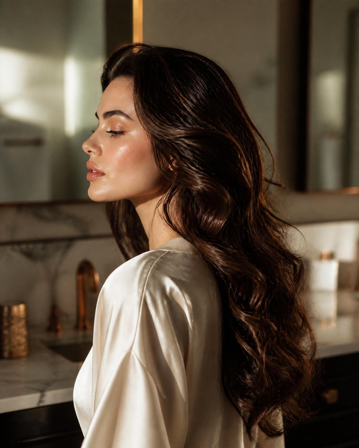 Model with glossy Veloriane curls